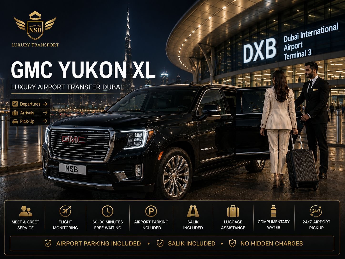 GMC Yukon XL luxury airport transfer at Dubai International Airport Terminal 3 with a professional chauffeur assisting a passenger, provided by NSB Luxury Transport.