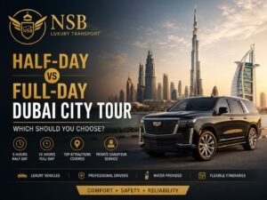 Half-day vs full-day Dubai city tour with private chauffeur, luxury SUV, Burj Khalifa, and Dubai sightseeing landmarks