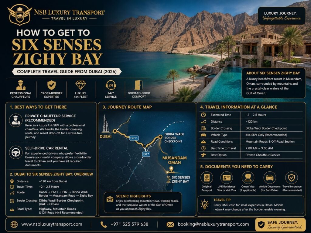 Infographic showing how to get to Six Senses Zighy Bay from Dubai with the route map, Dibba Wadi Border Checkpoint, travel time, required documents, recommended 4×4 vehicles, and private chauffeur service guide.
