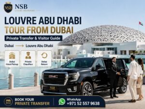 Louvre Abu Dhabi tour from Dubai with private chauffeur, GMC Yukon luxury vehicle, hotel pickup and return transfer