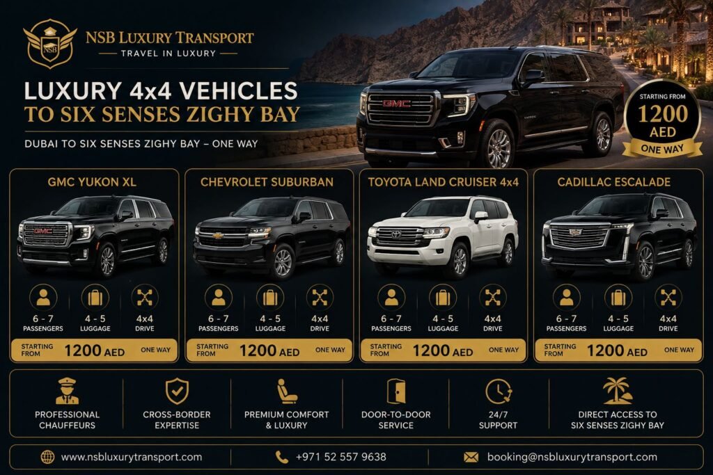 Luxury 4×4 vehicles for Dubai to Six Senses Zighy Bay including GMC Yukon XL, Chevrolet Suburban, Toyota Land Cruiser 4×4, and Cadillac Escalade with one-way chauffeur service starting from AED 1,200.