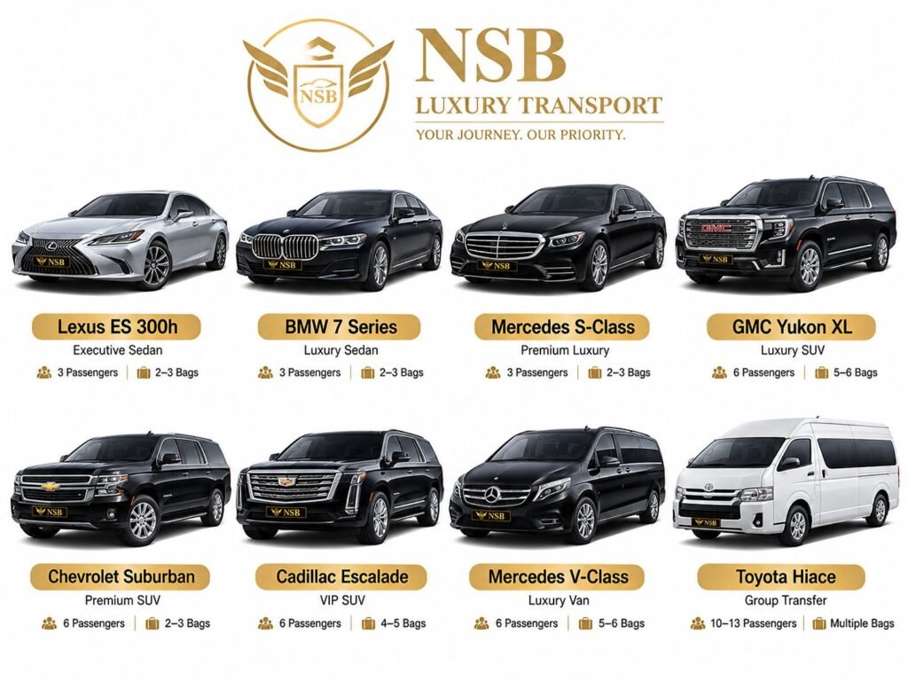 Luxury fleet for chauffeur service Dubai airport with sedans, SUVs and group vehicles