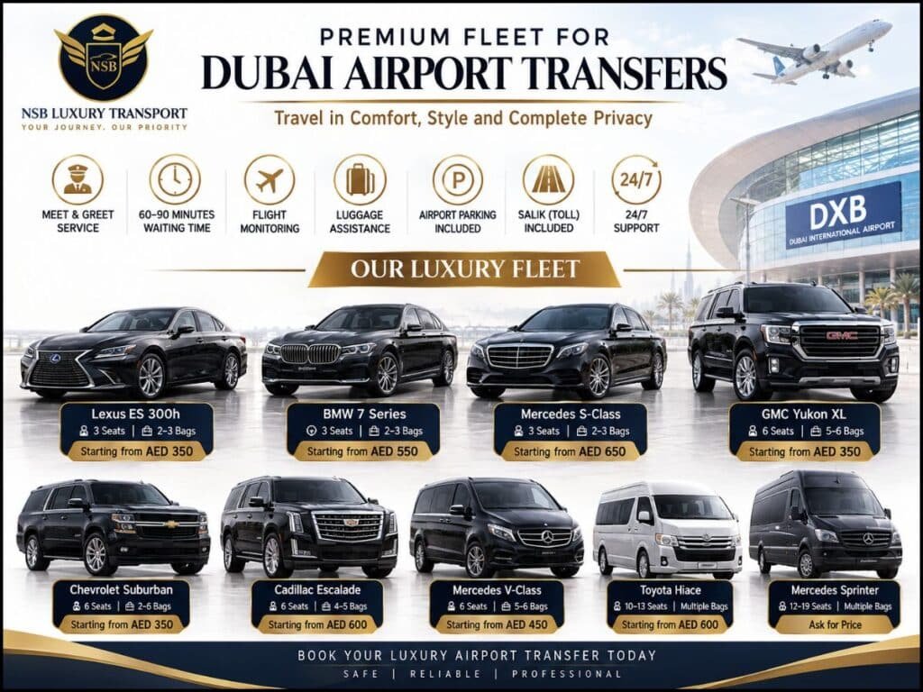 Luxury transfer from Dubai Airport fleet with sedans, SUVs, V-Class and group vehicles