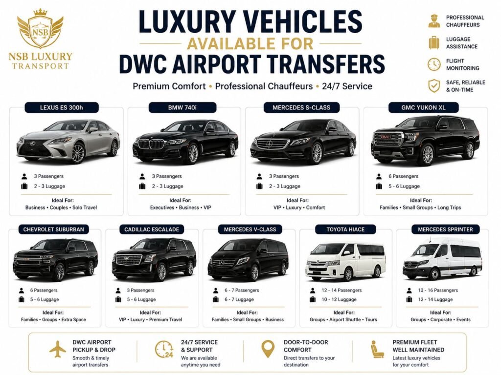 Luxury vehicles available for DWC airport transfers with chauffeur service