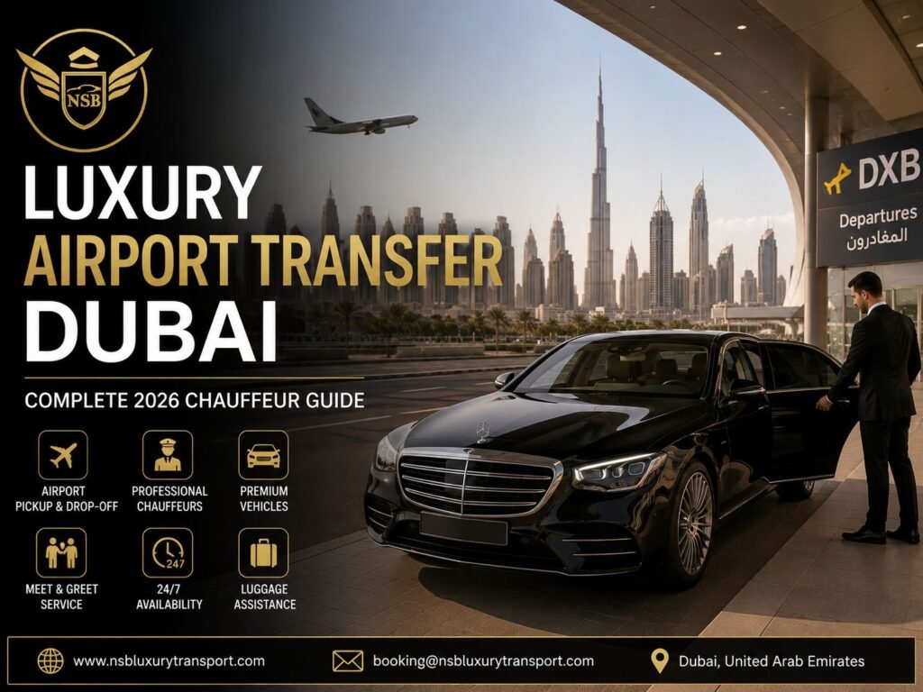 Luxury airport transfer Dubai with Mercedes-Benz chauffeur service at DXB Airport