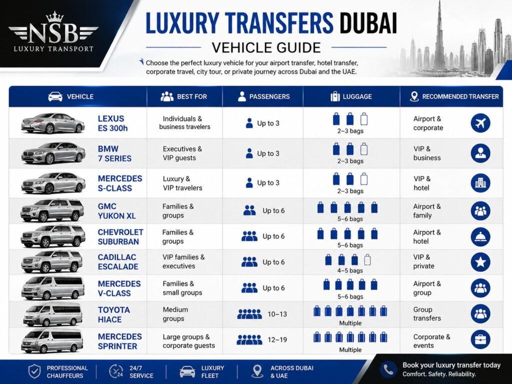 Luxury transfers Dubai vehicle guide comparing chauffeur cars for airport, hotel and corporate transfers
