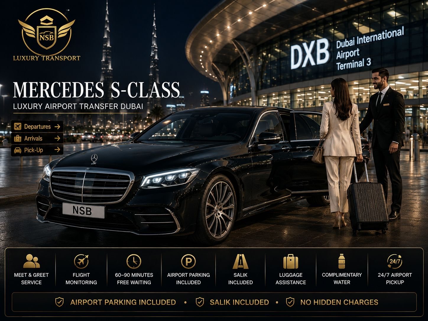 Mercedes-Benz S-Class luxury airport transfer at Dubai International Airport Terminal 3 with a professional chauffeur assisting passengers, provided by NSB Luxury Transport.