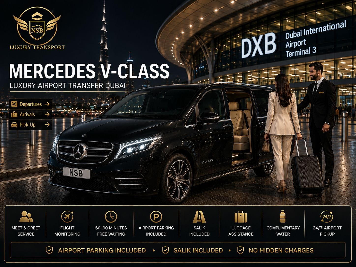 Mercedes-Benz V-Class luxury airport transfer at Dubai International Airport Terminal 3 with a professional chauffeur welcoming passengers, provided by NSB Luxury Transport.