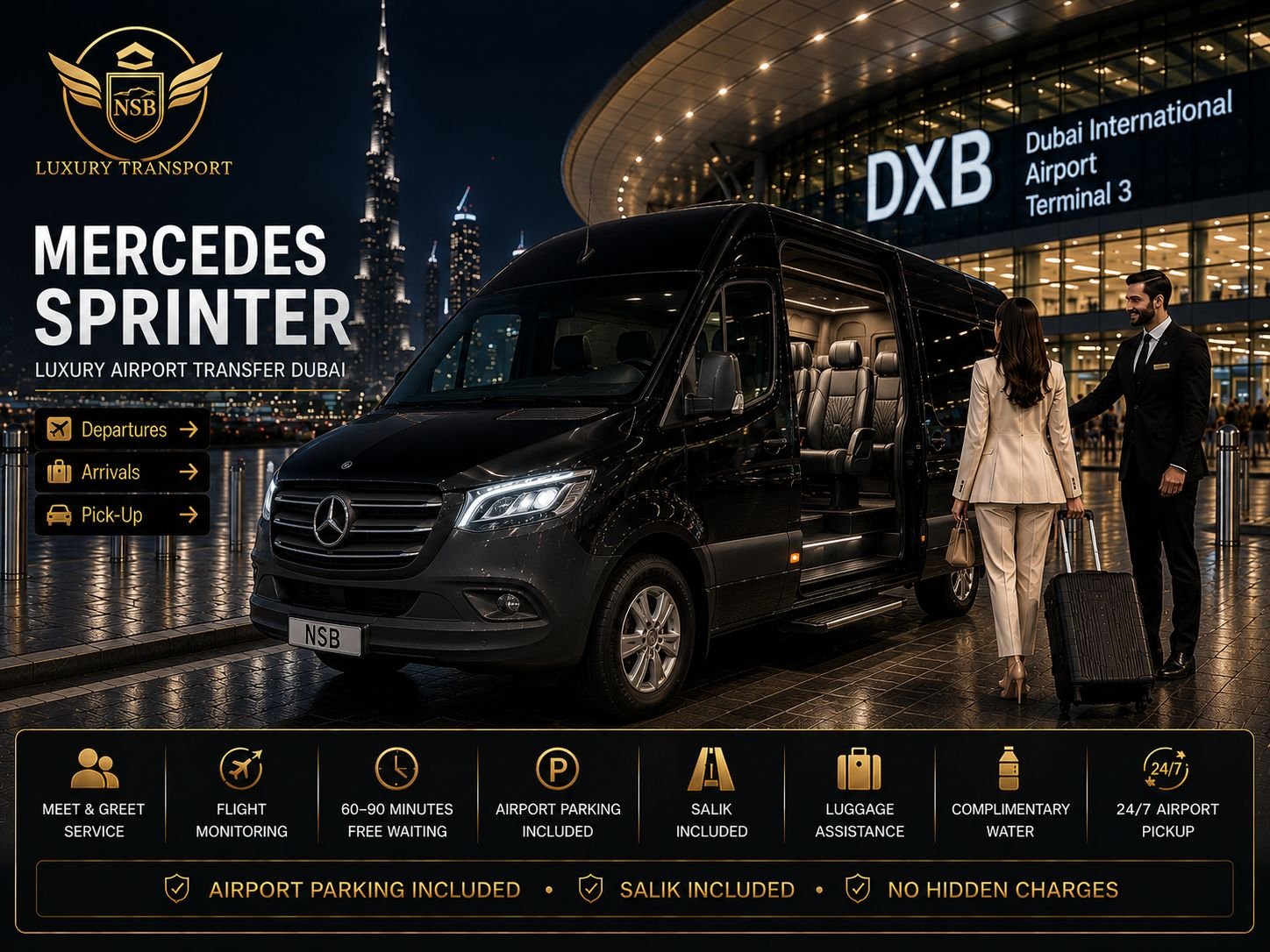 Mercedes Sprinter luxury airport transfer at Dubai International Airport Terminal 3 with a professional chauffeur assisting passengers, provided by NSB Luxury Transport.