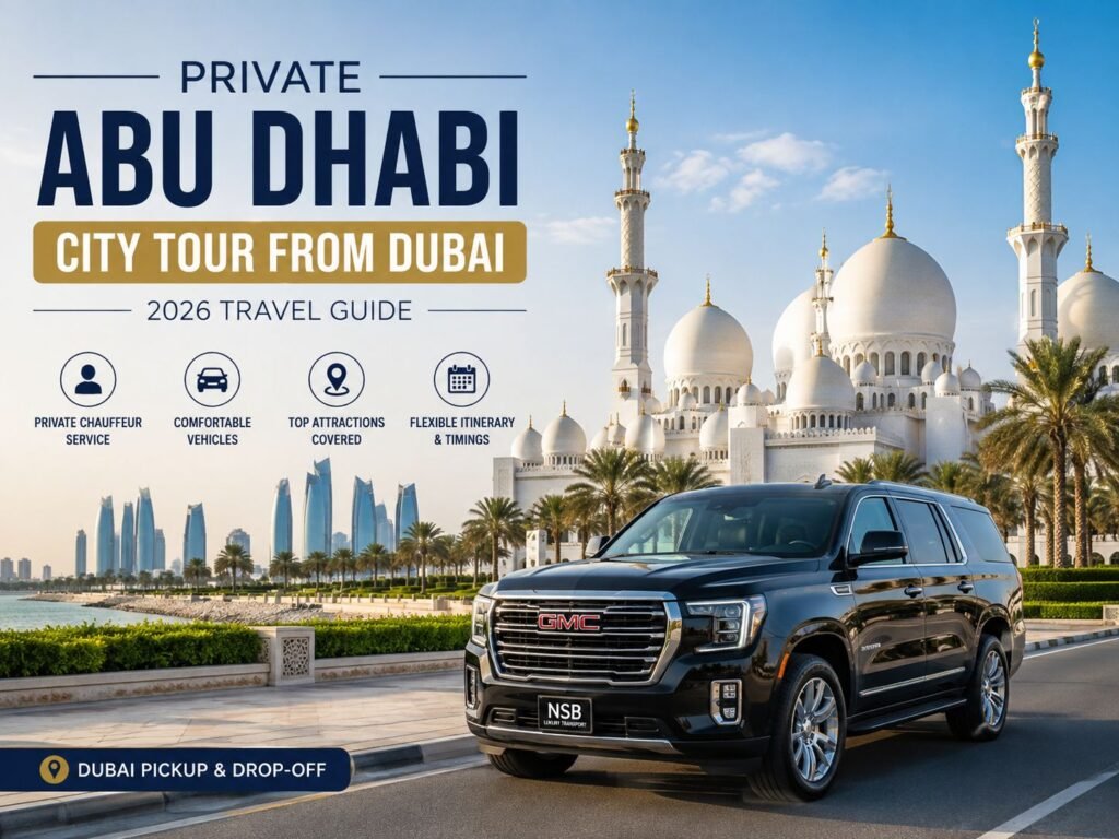 Private Abu Dhabi city tour from Dubai with chauffeur-driven GMC Yukon near Sheikh Zayed Grand Mosque
