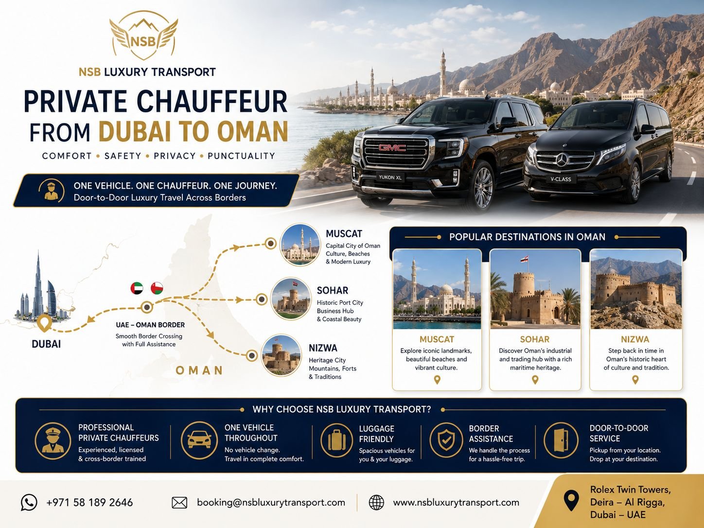 Private chauffeur from Dubai to Oman with GMC Yukon and Mercedes V-Class serving Muscat, Sohar and Nizwa