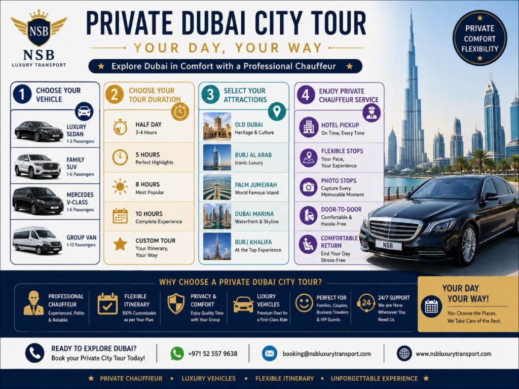 Private Dubai city tour infographic showing luxury vehicle options, flexible tour duration, top Dubai attractions, hotel pickup and professional chauffeur service