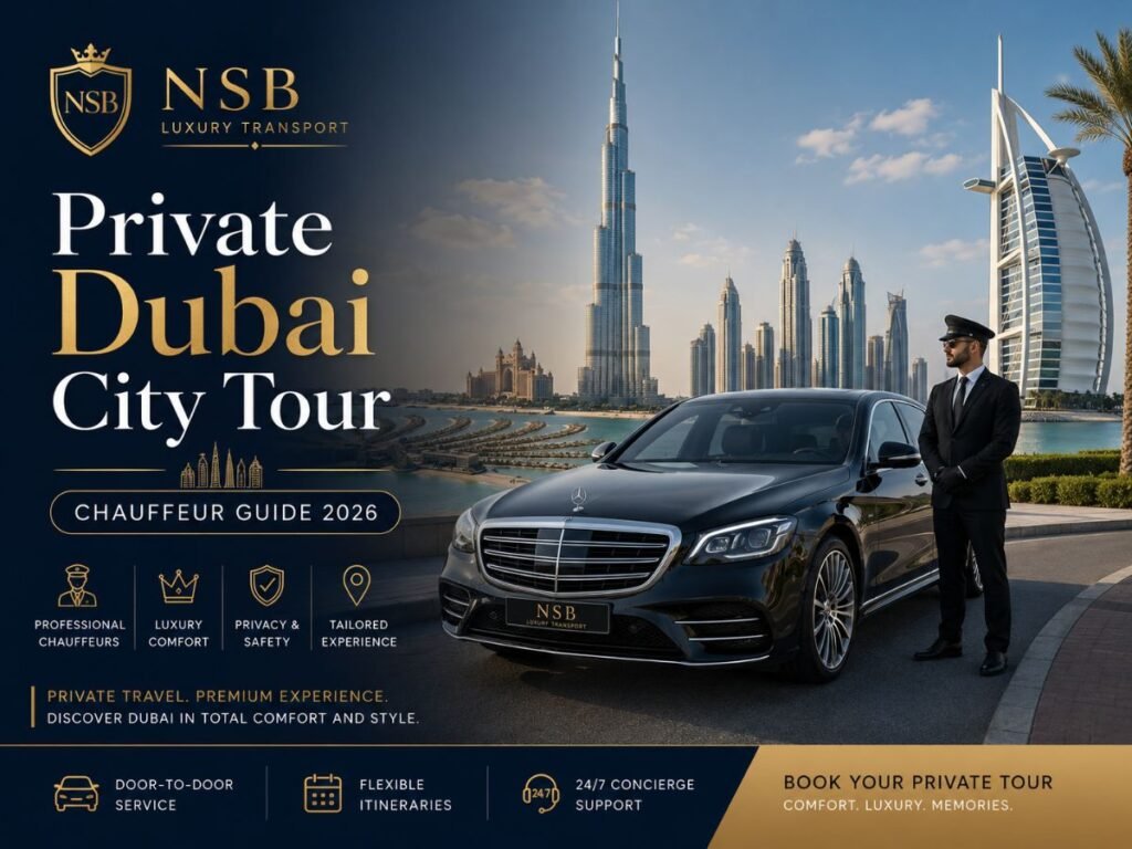 Private Dubai city tour with chauffeur featuring a luxury Mercedes-Benz, professional driver, Burj Khalifa, Burj Al Arab and Dubai skyline