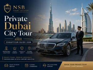 Private Dubai city tour with chauffeur featuring a luxury Mercedes-Benz, professional driver, Burj Khalifa, Burj Al Arab and Dubai skyline