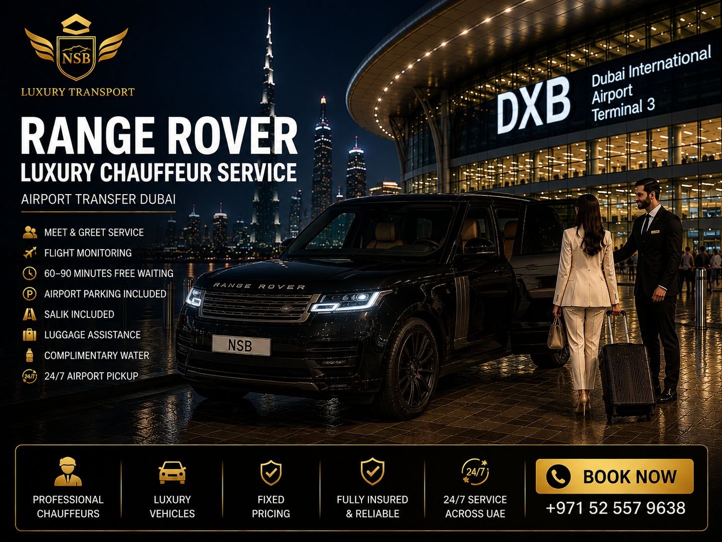 Range Rover luxury airport transfer at Dubai International Airport Terminal 3 with a professional chauffeur assisting arriving passengers, provided by NSB Luxury Transport.