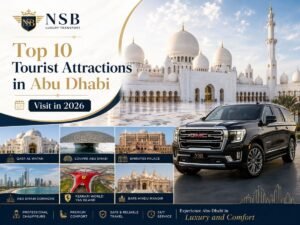 Top tourist attractions in Abu Dhabi including Sheikh Zayed Grand Mosque, Qasr Al Watan, Louvre Abu Dhabi, Emirates Palace, Corniche, Ferrari World, and BAPS Hindu Mandir