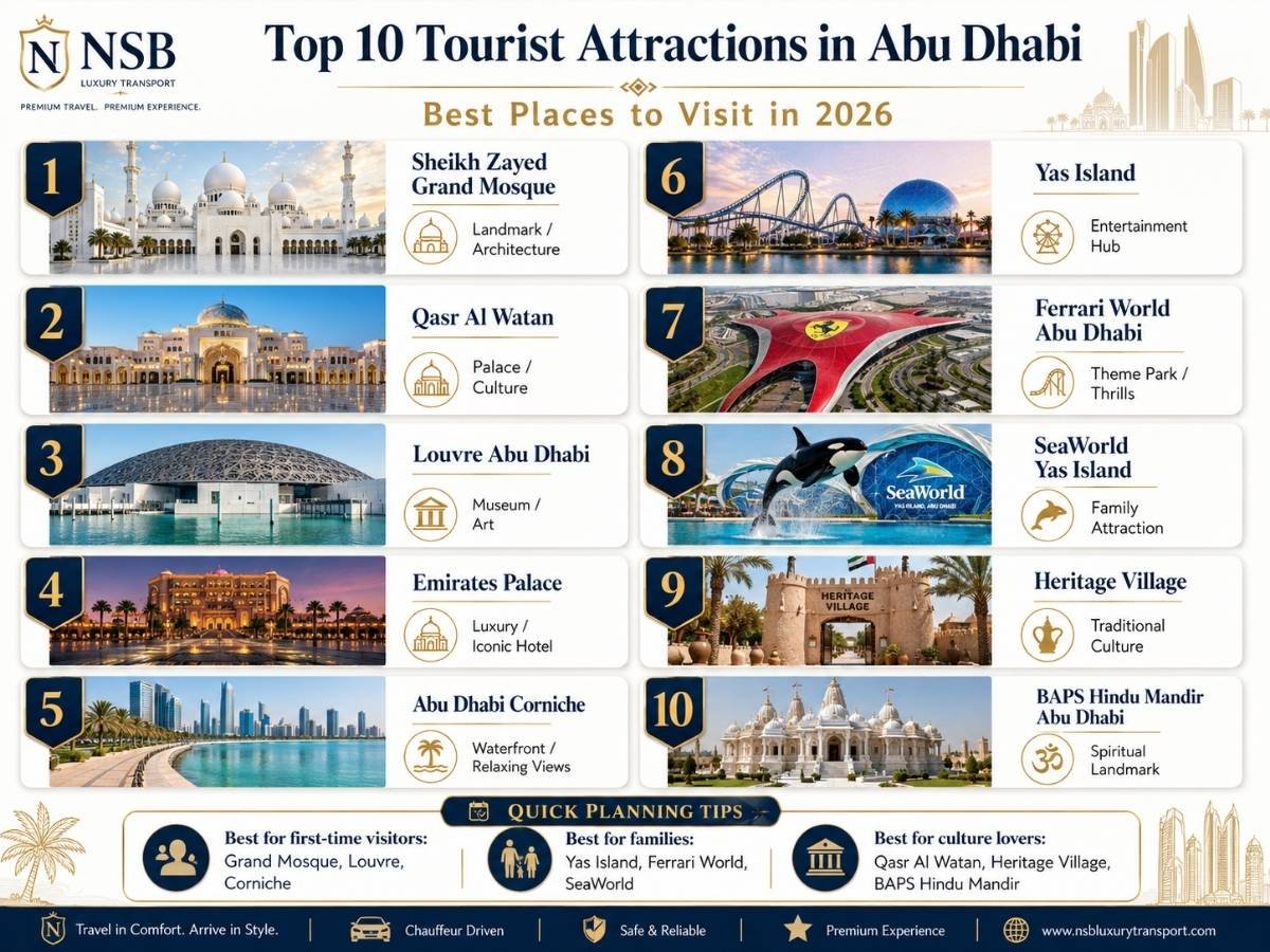 Top 10 tourist attractions in Abu Dhabi infographic featuring Sheikh Zayed Grand Mosque, Qasr Al Watan, Louvre Abu Dhabi, Emirates Palace, Corniche, Yas Island, Ferrari World, SeaWorld, Heritage Village, and BAPS Hindu Mandir