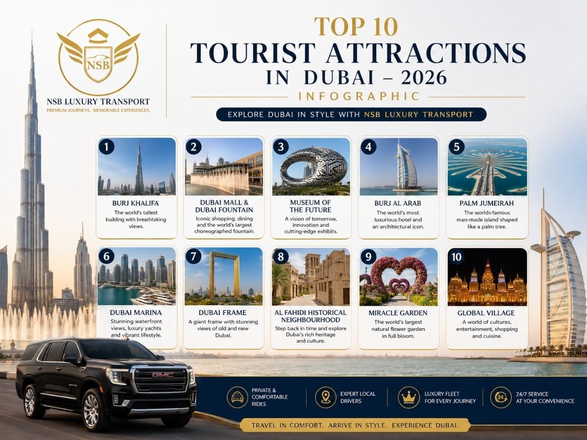 Top 10 tourist attractions in Dubai infographic featuring Burj Khalifa, Dubai Mall, Museum of the Future, Burj Al Arab, Palm Jumeirah, Dubai Marina, Dubai Frame, Al Fahidi, Miracle Garden, and Global Village