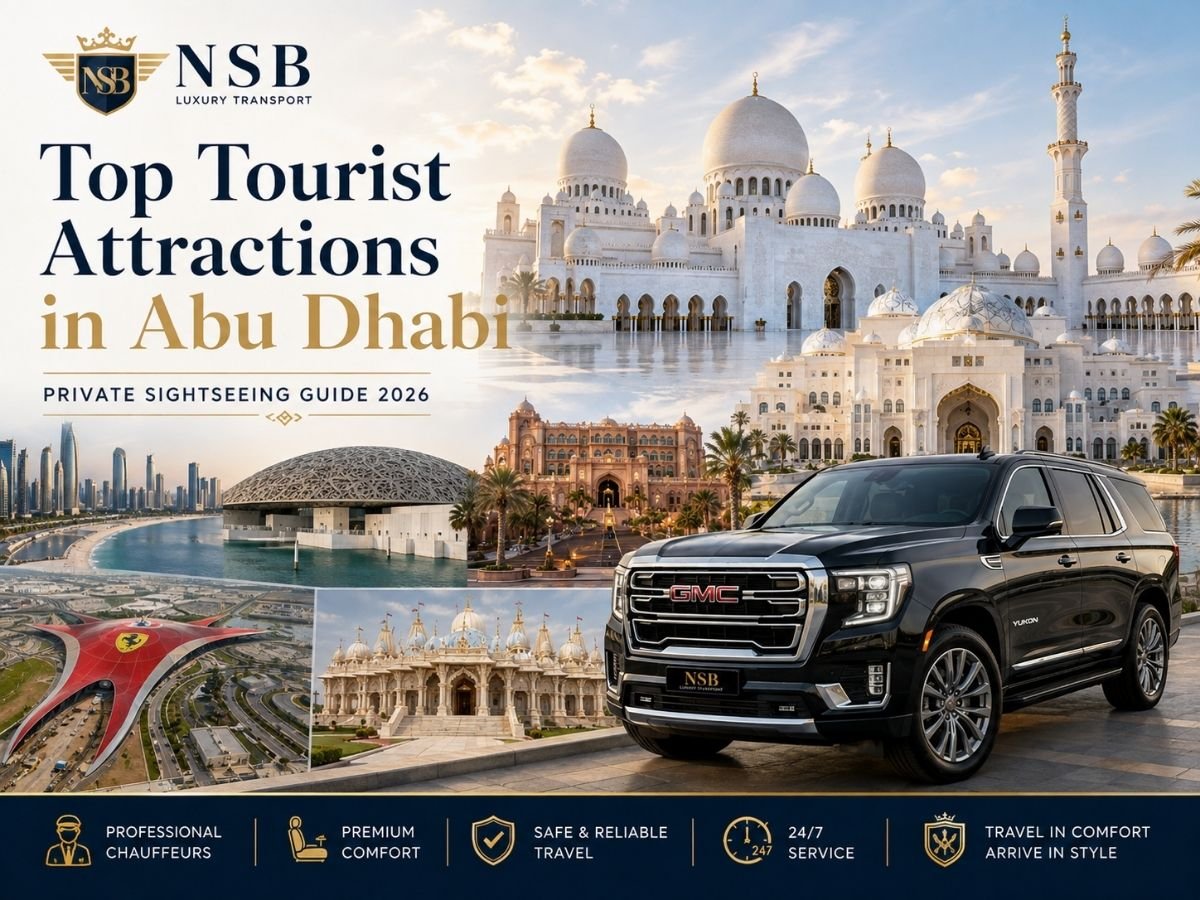 Top tourist attractions in Abu Dhabi with Sheikh Zayed Grand Mosque, Louvre Abu Dhabi, Emirates Palace, Ferrari World, BAPS Hindu Mandir, and private GMC Yukon sightseeing
