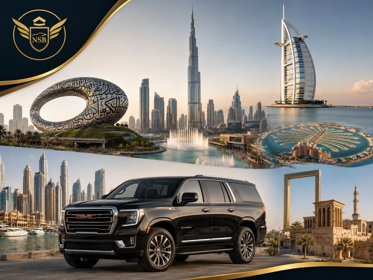 Top tourist attractions in Dubai featuring Burj Khalifa, Burj Al Arab, Museum of the Future, Palm Jumeirah, Dubai Marina, Dubai Frame, Al Fahidi, and a GMC Yukon