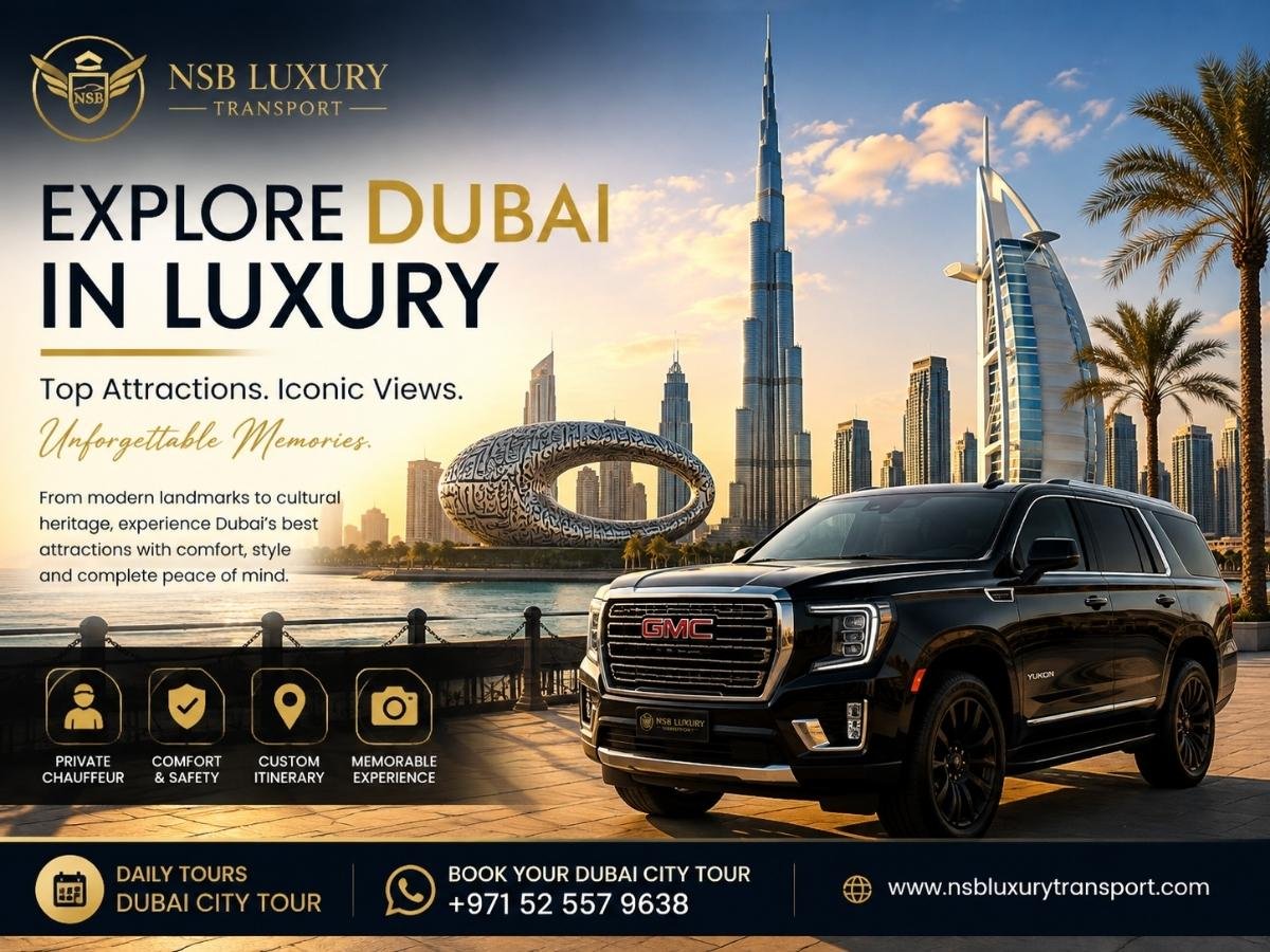 Top tourist attractions in Dubai with Burj Khalifa, Burj Al Arab, Museum of the Future, Dubai skyline, and a private GMC Yukon chauffeur vehicle