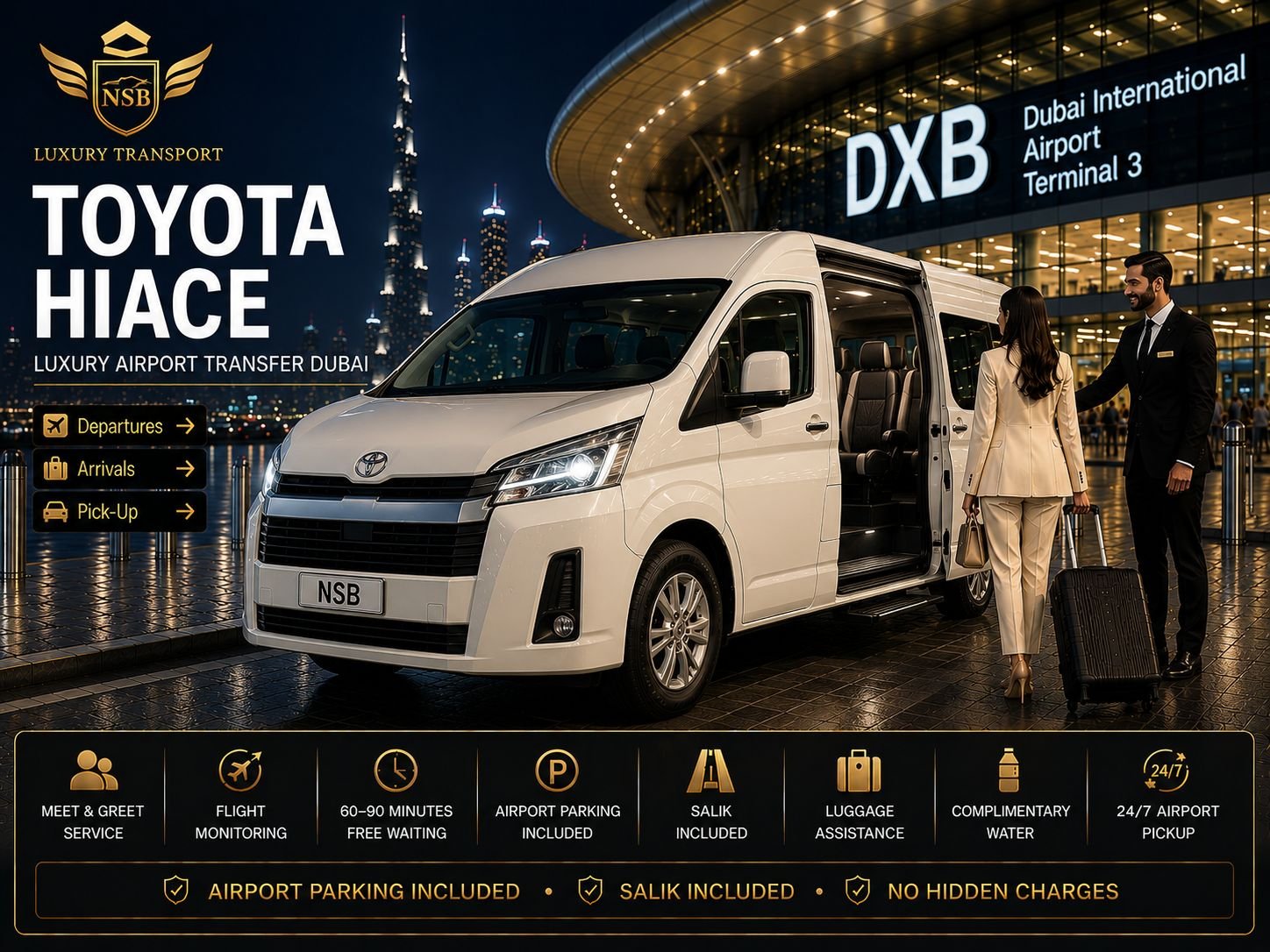 Toyota Hiace luxury airport transfer at Dubai International Airport Terminal 3 with a professional chauffeur assisting passengers, provided by NSB Luxury Transport.