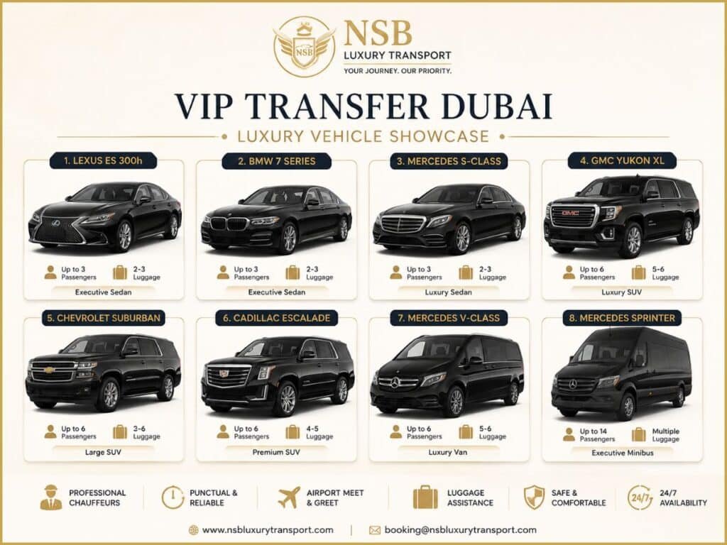 VIP transfer Dubai luxury vehicle fleet with sedans, SUVs, V-Class and Mercedes Sprinter