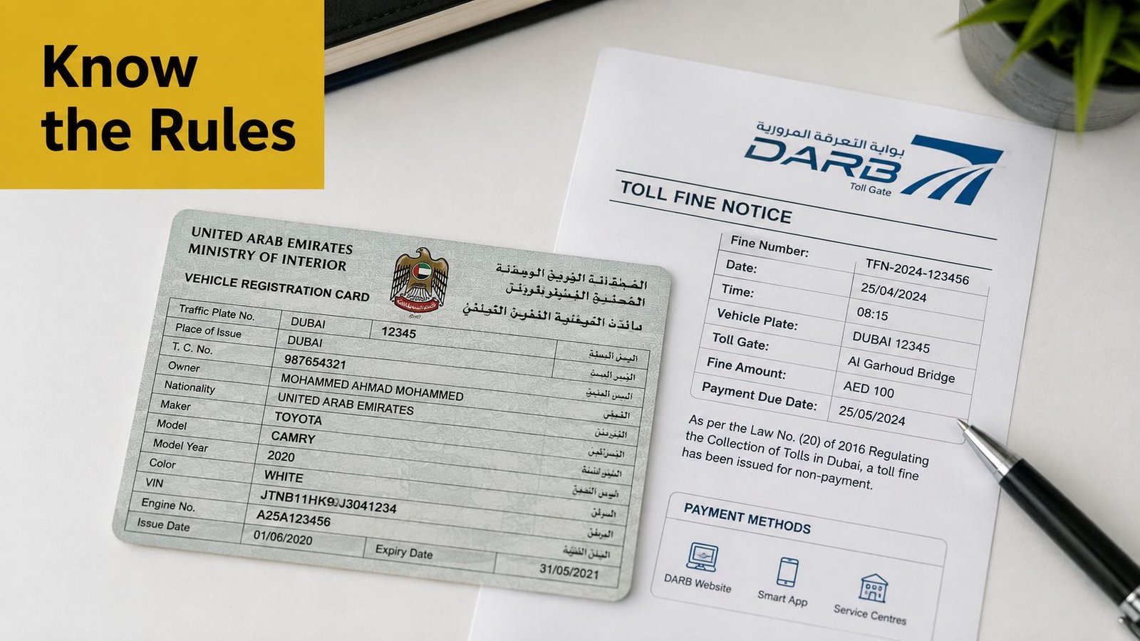 A vehicle registration card and a DARB toll fine notice placed on a desk with a pen.