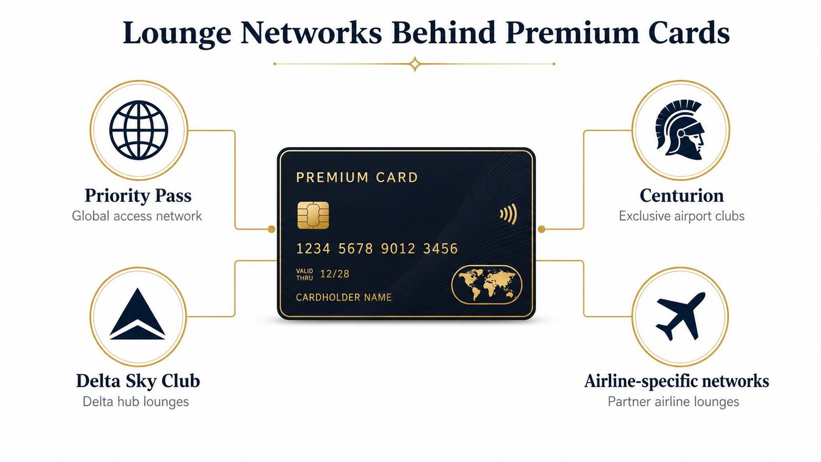 An infographic showing a premium credit card connected to four airport lounge access networks and programs.