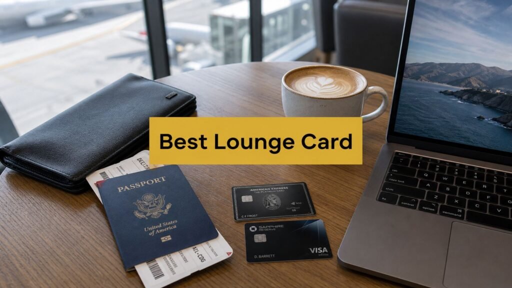 Best card for lounge access comparison showing premium travel credit cards, airport lounge entrance, and travellers enjoying luxury lounge facilities before departure