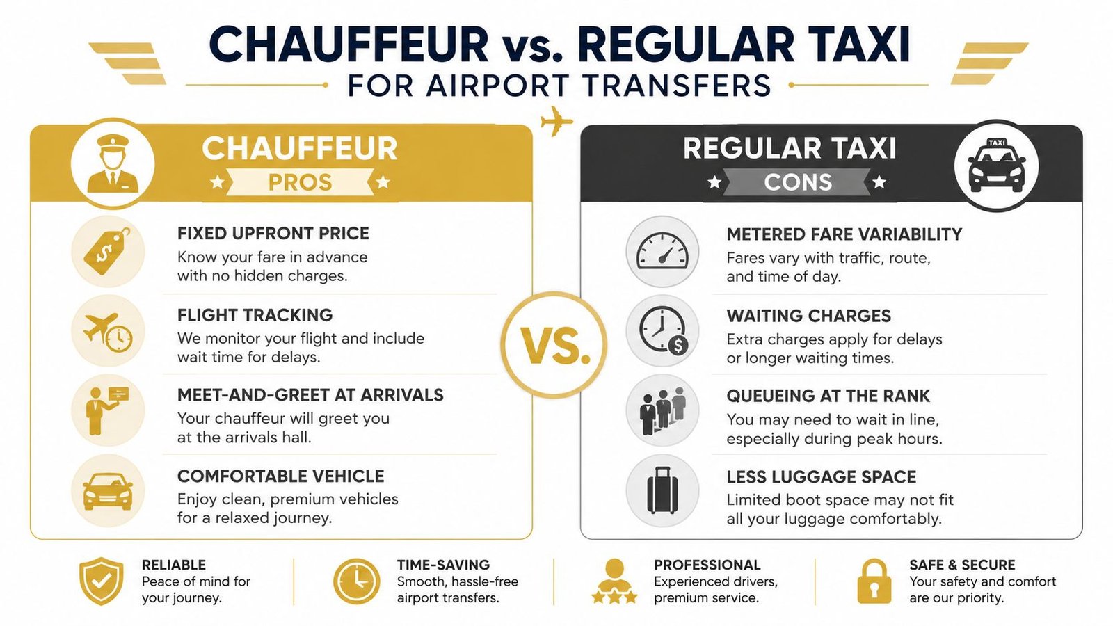 An infographic comparing the benefits of hiring a professional chauffeur versus taking a regular taxi to the airport.
