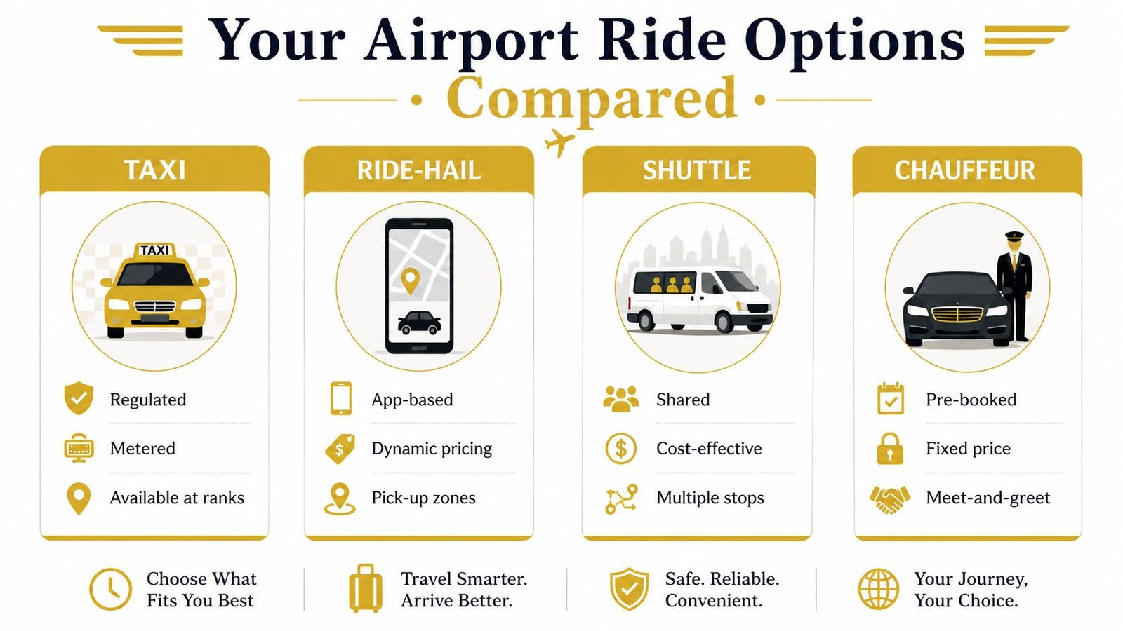A comparison infographic showing four airport transportation options: taxi, ride-hail, shuttle, and chauffeur service with key features.