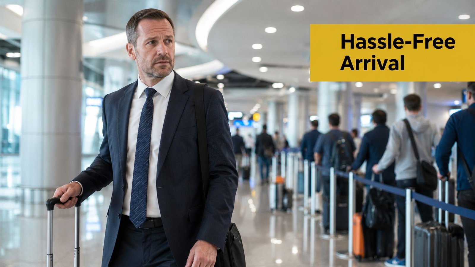 A professional businessman pulling a suitcase through a busy airport terminal, representing a smooth and hassle-free travel experience.