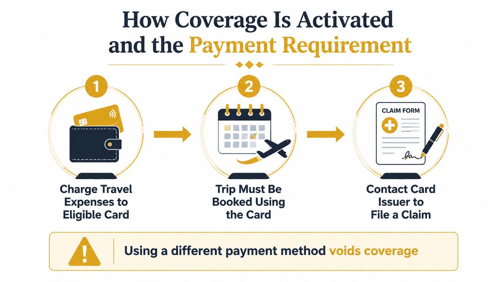 A three-step infographic showing how to activate travel insurance coverage on eligible credit cards.
