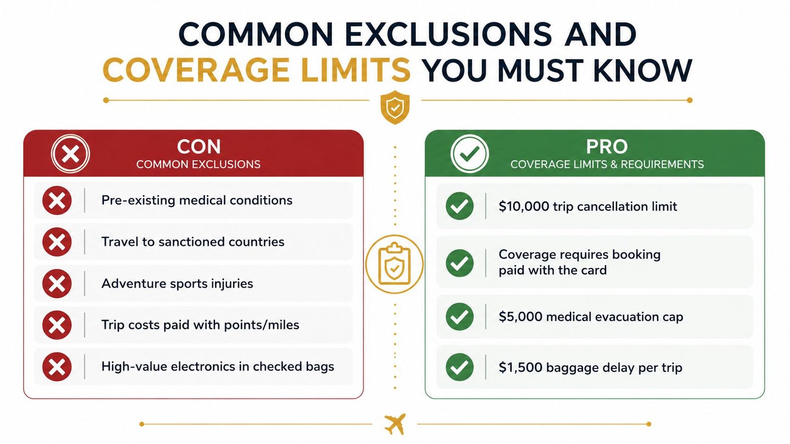 A comparison chart highlighting common exclusions and coverage limits for travel insurance provided by credit cards.