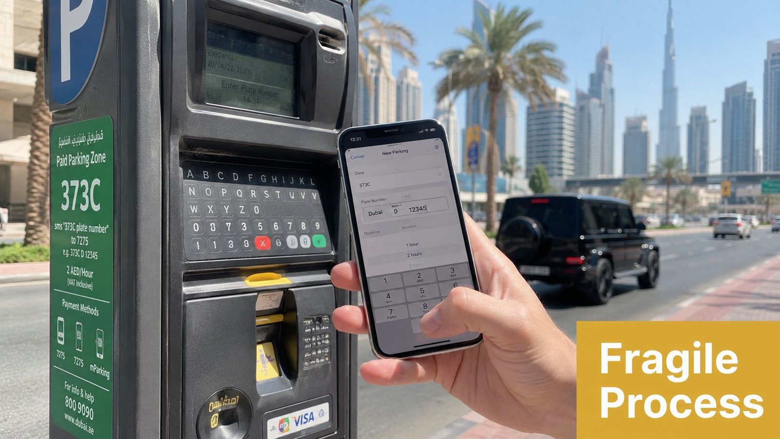 A person using a smartphone app to pay for street parking in front of a Dubai parking meter.