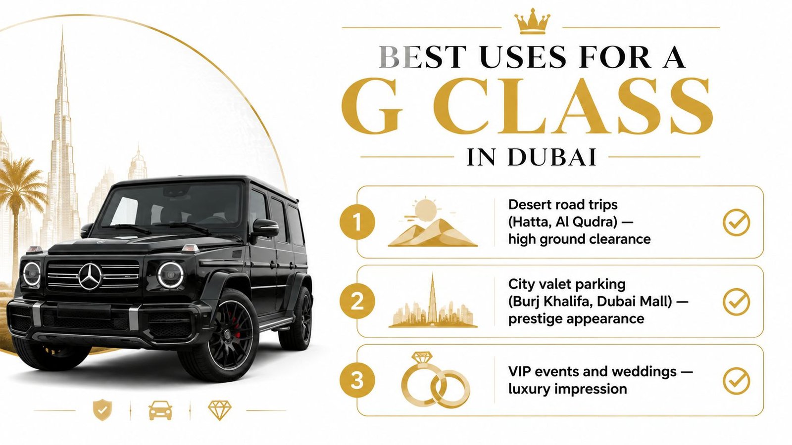 A black Mercedes-Benz G-Class parked against a backdrop of the Burj Khalifa and desert elements.