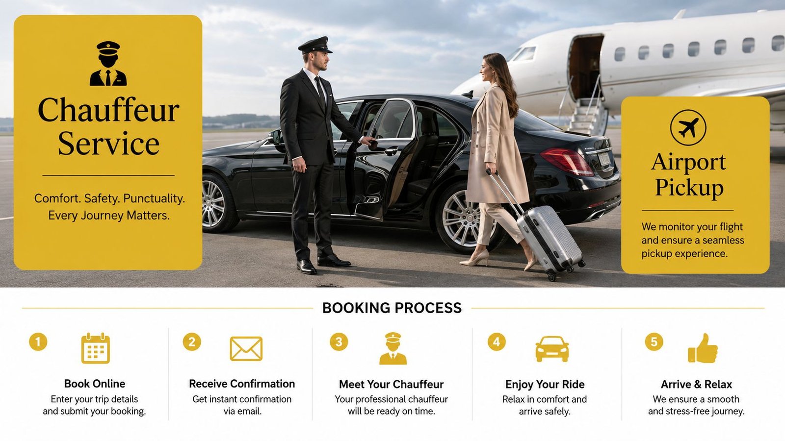 A professional chauffeur greeting a female passenger with luggage next to a black sedan and private jet.