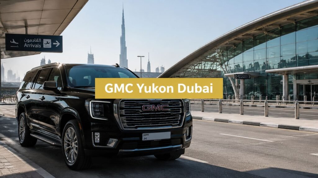 GMC Yukon rental Dubai with professional chauffeur featuring a luxury black GMC Yukon in Dubai for airport transfers, family travel and private chauffeur service