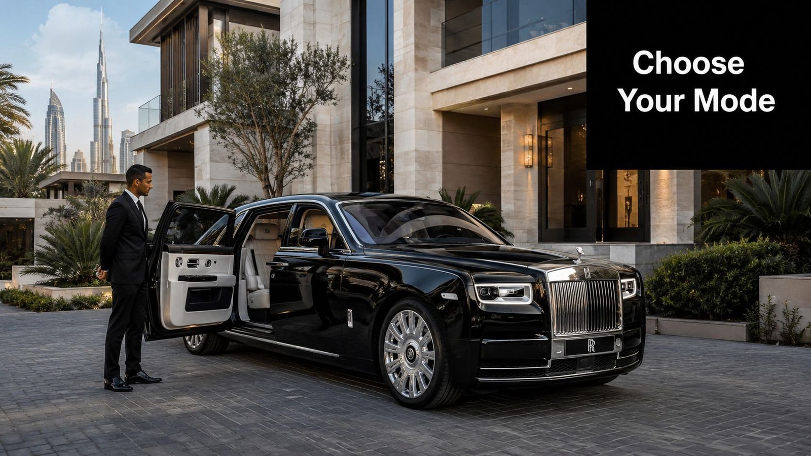 A professional chauffeur stands beside a black Rolls-Royce Phantom parked in front of a luxury Dubai villa.