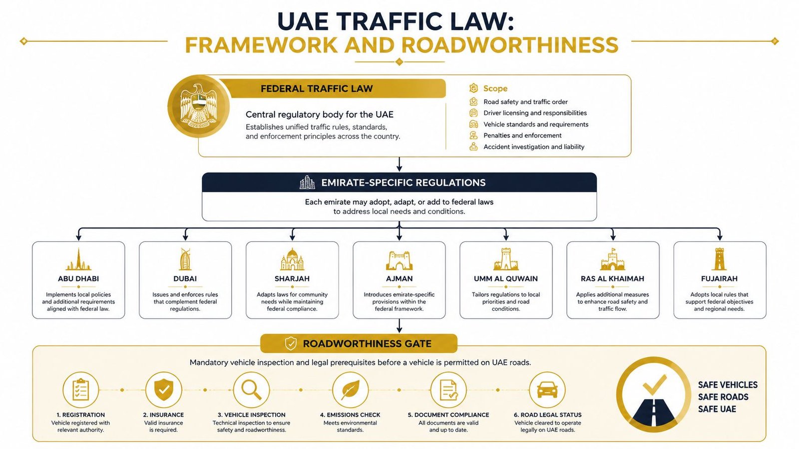 An infographic detailing the UAE traffic law framework, emirate-specific regulations, and mandatory vehicle roadworthiness requirements.