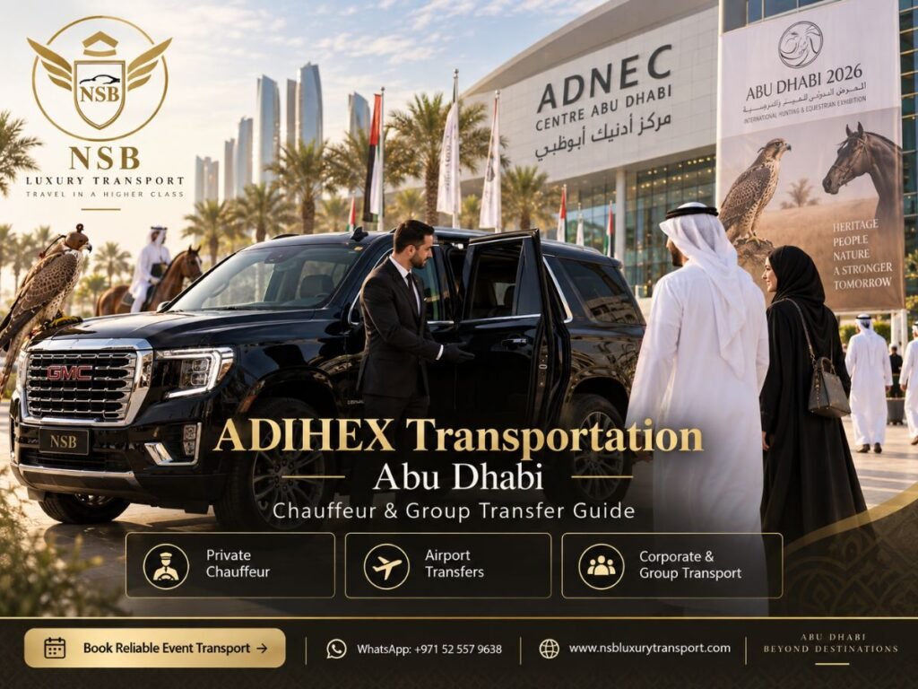 ADIHEX Transportation Abu Dhabi with GMC Yukon, private chauffeur, airport transfers and corporate group transport for VIPs, exhibitors and event visitors at ADNEC Centre Abu Dhabi.
