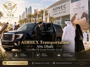 ADIHEX Transportation Abu Dhabi with GMC Yukon, private chauffeur, airport transfers and corporate group transport for VIPs, exhibitors and event visitors at ADNEC Centre Abu Dhabi.