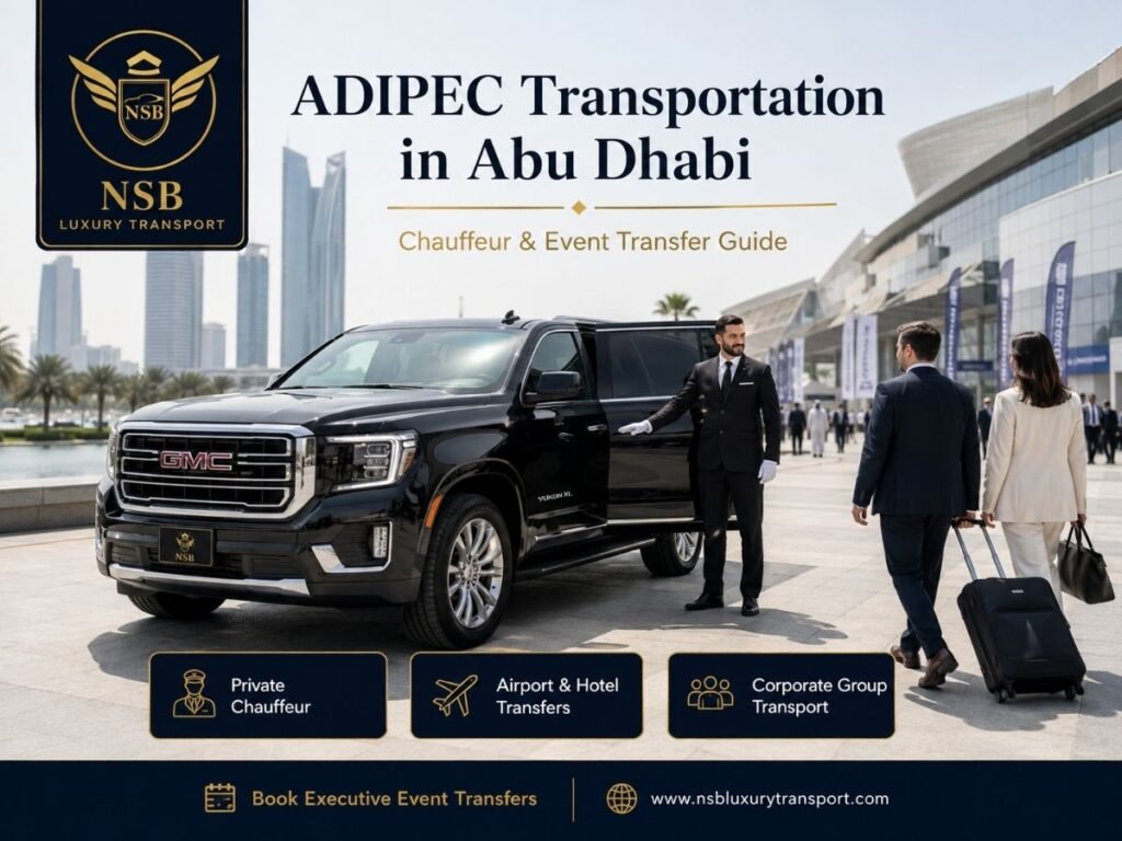 ADIPEC Transportation in Abu Dhabi with private chauffeur, GMC Yukon XL, airport transfers and corporate group transport