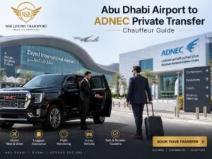 Abu Dhabi Airport to ADNEC Private Transfer with GMC Yukon, professional chauffeur, airport meet and greet and executive transport to ADNEC Centre Abu Dhabi.