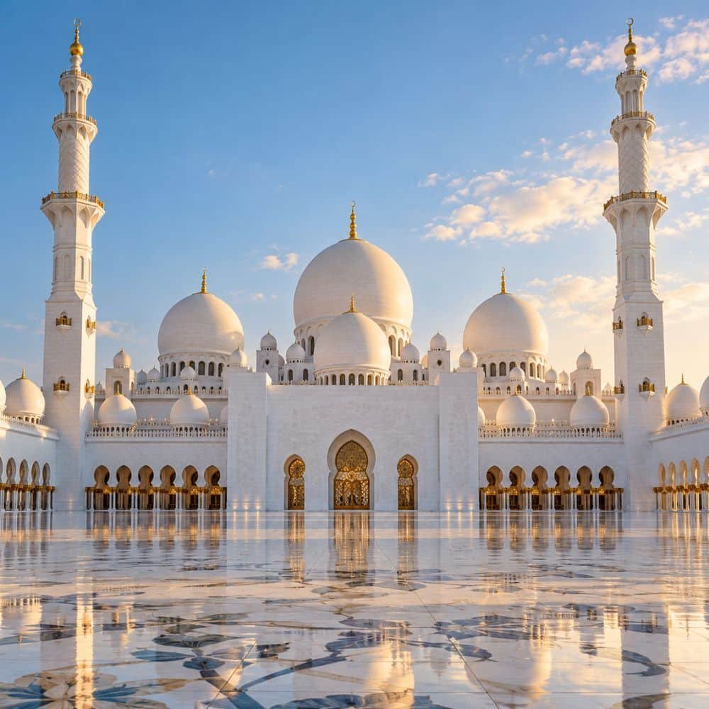 White domes and minarets of Sheikh Zayed Grand Mosque reflected in its marble courtyard.
