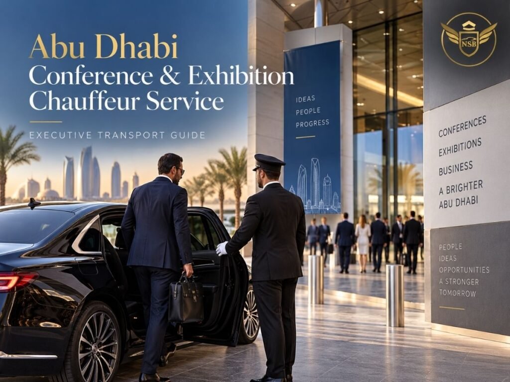 Luxury chauffeur vehicle for conference and exhibition transport in Abu Dhabi with executive event transfer service.