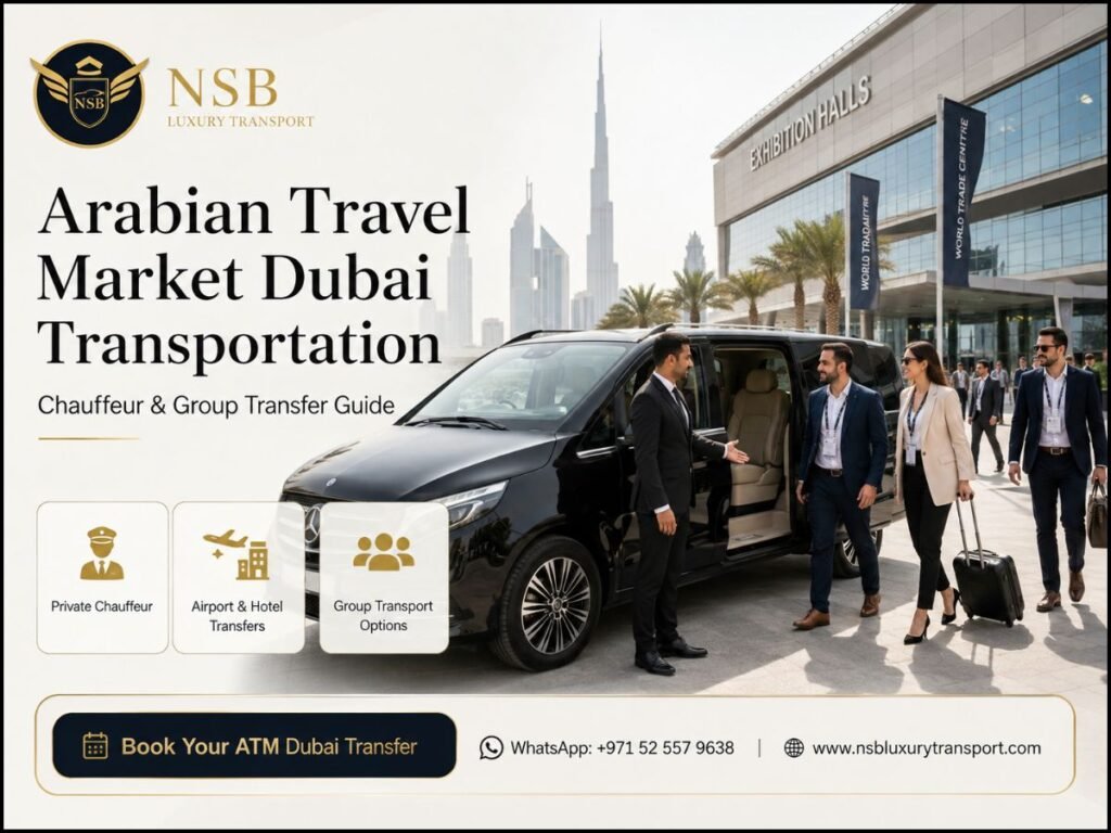 Arabian Travel Market Dubai Transportation with private chauffeur, Mercedes V-Class, airport and hotel transfers, and group transport at Dubai World Trade Centre