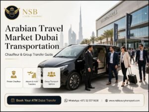 Arabian Travel Market Dubai Transportation with private chauffeur, Mercedes V-Class, airport and hotel transfers, and group transport at Dubai World Trade Centre
