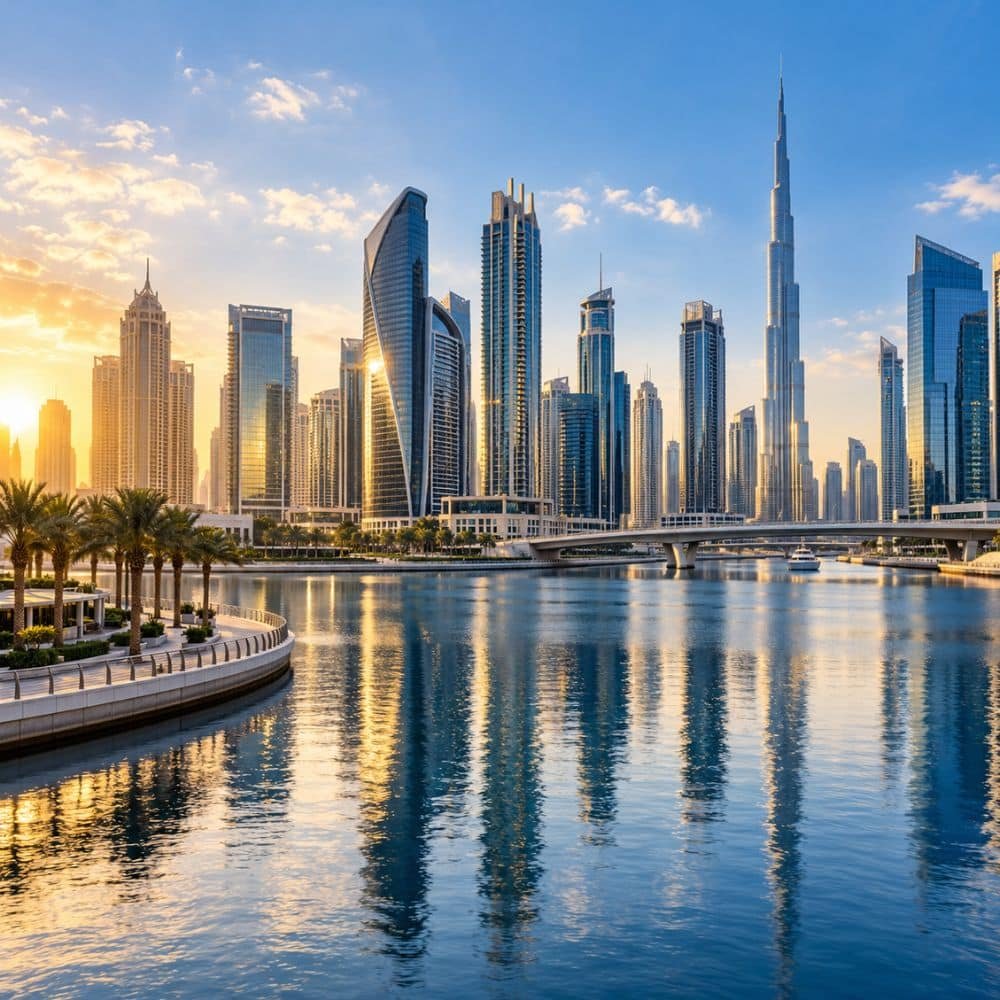 Business Bay skyline beside the Dubai Water Canal with Burj Khalifa in the background.